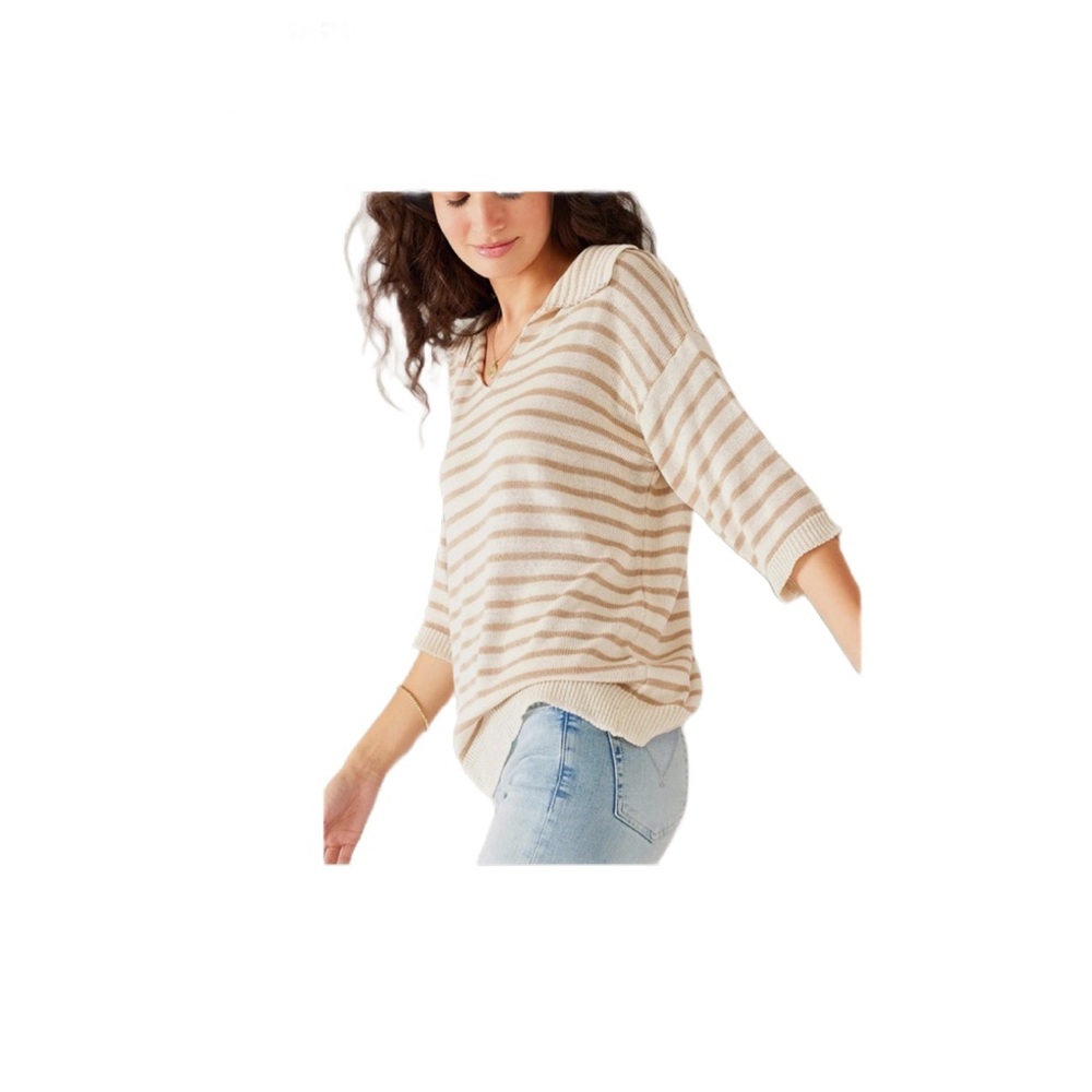 Breton camel Polo Sweater Striped V-Neck Sweater - Picture 2 of 8